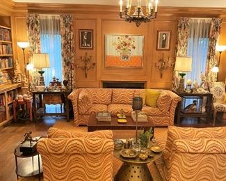 John Astin Perkins designed custome sofa and (2) armchairs; amazing art; hand carved gilt wood sconces