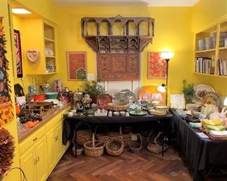 Enormous antique Indian polychrome shelf, handmade baskets, china, crystal, cookbooks, Native American rugs, 1970’s kitchen stuff! Really cool things!