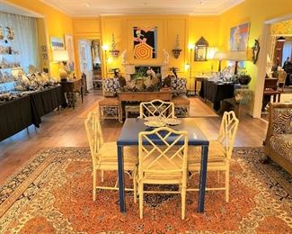 Royal blue patent leather custom game table designed by John Astin Perkins. Set of (4) McGuire style chairs. Oriental rug, sterling, silver plate, Oriental rug, art. Ready to move in this “groovy” room?!