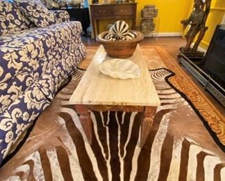 Love that Zebra rug, MCM table and blue and white sofa!