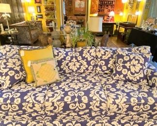 LOVE, LOVE, LOVE this custom John Astin Perkins blue & white quilted sofa in mint condition!