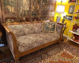 Empire sofa with zebra upholstery….antique and modern….perfect!