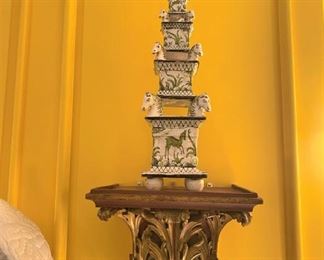 Pair of early 20th Century Italian tall pagodas on heavy gilt red sconces topped with marble