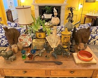 Pine desk, bronzes, Oriental pieces, carved horse heads, Imari, antique brass tea cannister