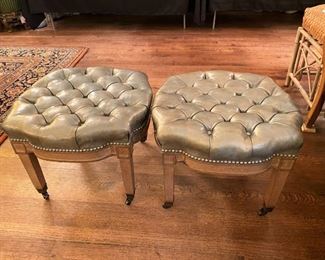 Pair of MCM tufted silver-green leather rolling stools