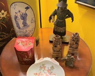 Oriental lamp, 19th Century told planter, Mottahedeh bowl, tole box, soapstone candle holders
