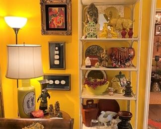 Bentwood rattan shelf with Oriental items