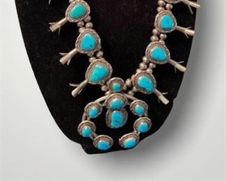 Authentic Navajo Native American Squash Blossom Silver And Turquoise Necklace - Three Hogan's Store