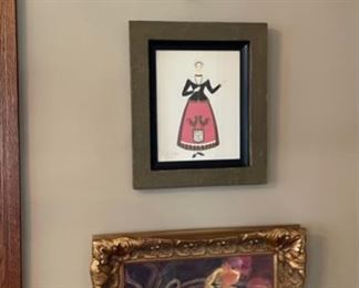 Multiple Process Color Engraving French Provincial Costume Print, Modern Wooden Heart Wall Decor, Gold Frame floral painting