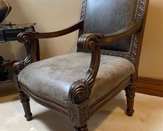 Restored Vintage Carved Wood Armchair with Gray Leather Upholstery BUY NOW https://www.estatesales.net/marketplace/items/611308
