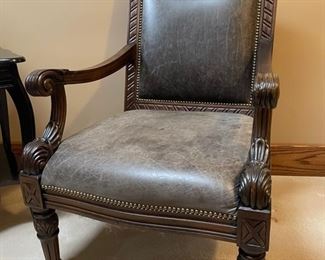 Restored Vintage Carved Wood Armchair with Gray Leather Upholstery BUY NOW https://www.estatesales.net/marketplace/items/611308