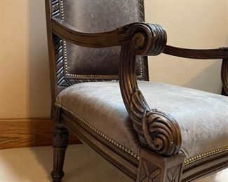Restored Vintage Carved Wood Armchair with Gray Leather Upholstery BUY NOW https://www.estatesales.net/marketplace/items/611307