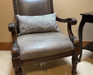Restored Vintage Carved Wood Armchair with Gray Leather Upholstery BUY NOW https://www.estatesales.net/marketplace/items/611307