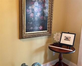 Oil painting, accent table, swan