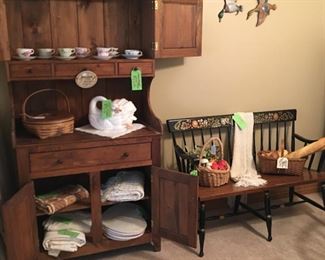 Kitchen Hutch, Nichols and Stone Bench, Antique Teacups, Pie Basket, Table Linens, Bread Basket and Handmade Veggie Basket
