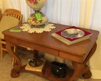 Antique Libary Table, Antique Glass Lamp