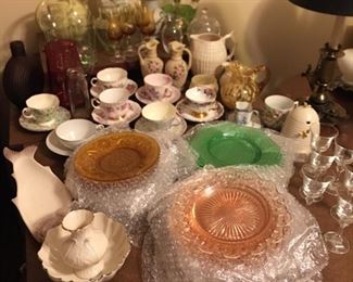Depression Glass Plate Sets, Lenox China pieces, Belleek Pitcher/Creamer/Sugar, Antique Glassware