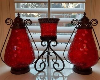 3 Beautiful Red Mosaic Glass Candle Holders