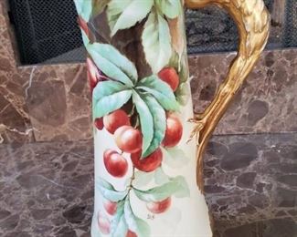 Antique Hand Painted Porcelain Tankard Vase with Apples and Golden Stork Handle Signed JG