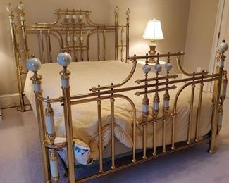 Luxurious Queen Size Wrap Around Brass Bed with Mother of Pearl Accents Includes Mattress and Box Springs