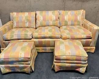 Vintage Dorothy Draper Style Sofa with 2 Rolling Ottomans
