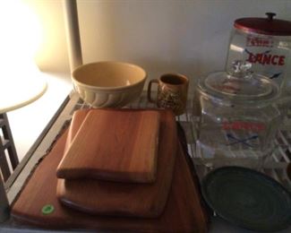 Handmade curing boards and Vintage a Lance Cracker Jars