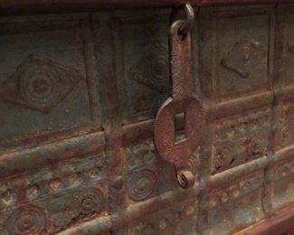 Beautiful blue patination trunk coffee table and heavy duty iron hardware and embellishments