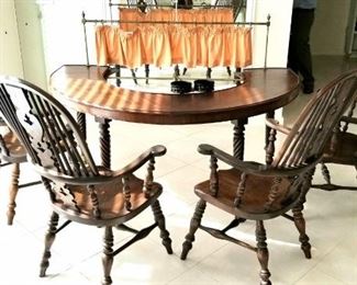 Chairs - Victorian Broad Arm Windsor Arm Chairs
(4) Chairs Solid wood Large Victorian antique hoop back broad arm Windsor arm chair with H shaped stretcher and pieced back splat. Nice old patina. 