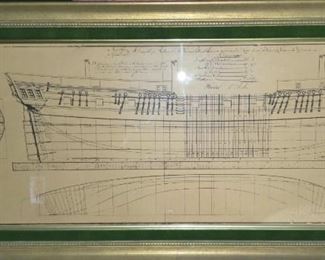 Large Antique Ship Prints:  1775 – 1800s NAVAL Architecture with Building Dectional Diagram Body Plane -  Framed and Glazed. 
