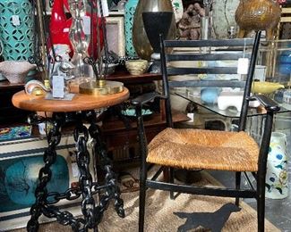Pair Ladder-back Rush Seat Armchairs, Chainlink Occasional Table