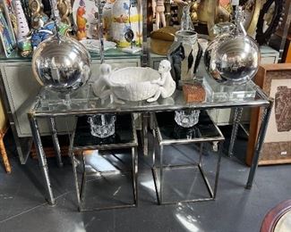 Nickel Console and End Tables, Pair Vintage Spherical Lamps, Pottery Monkey Cachepot.