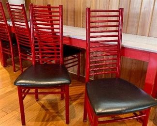 set of 6 red ladderback chairs with black vinyl seats