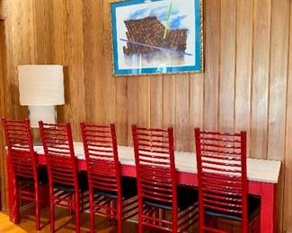long (88”x29”x20”) marble top table, red trim, set of 6 red ladder back chairs
