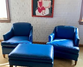 blue leather (or vinyl ?) chairs & ottoman