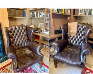 Pair of leather wing back chairs