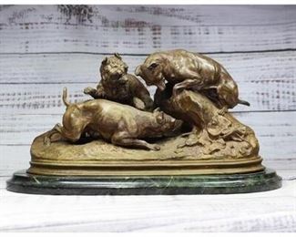 French Antique Heavy Bronze Sculpture Three Dogs Burrowing by Pierre Jules Mene