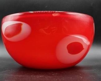 Red with White Circles Murano Style Blown Glass Art Bowl