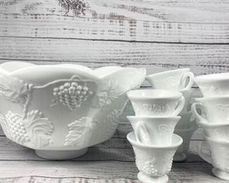 Set of 11 Vintage Harvest Grape Milk Glass Tea Cup Mug and Large White Fruit Bowl