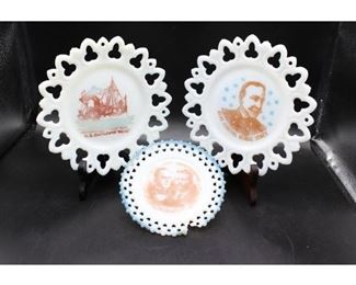 Set of Antique Collectible Milk Glass Political Campaign Commemorative Plates
