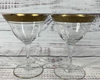 Two Gold Rimmed Wine Champagne Glasses
