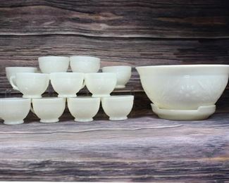 Vintage Milk Glass Flower Design Punch Bowl and Cups Set