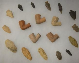 EARLY ARROW HEADS, CLAY PIPES