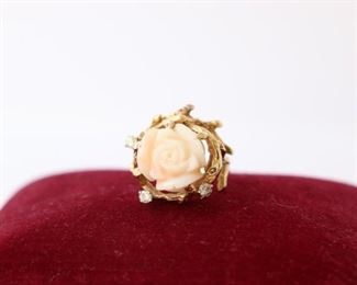 Coral, diamond, and Gold ladies ring