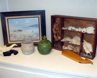 Vintage, Oil Painting, Signed, Beach, Ocean Theme, Shell Collection, Pottery