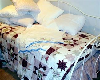 Vintage, Iron Trundle Bed, White, Patchwork Quilt, Embroidered Pillowcase