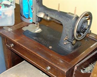 Vintage White Sewing Machine, Cabinet, Parts, Accessories