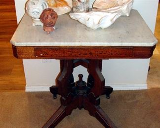Antique, Eastlake, Side Table, Marble Top, Shells, Clam Shell, Carved, Chinese Puzzle Ball