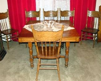 Antique, Oak, Dining Table, Leaves, Pressback, Press Back, Chairs