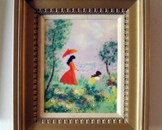 Louis Cardin, 1978, Signed, Enamel on Copper, Girl In Red Dress, Mid Century, Art