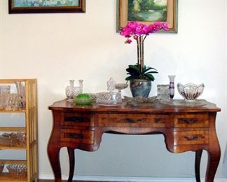 Vintage Desk, Queen Anne Style, Inlaid Wood, Crystal, Vase, Serving Pieces, Candle Holders, Signed Oil Paintings